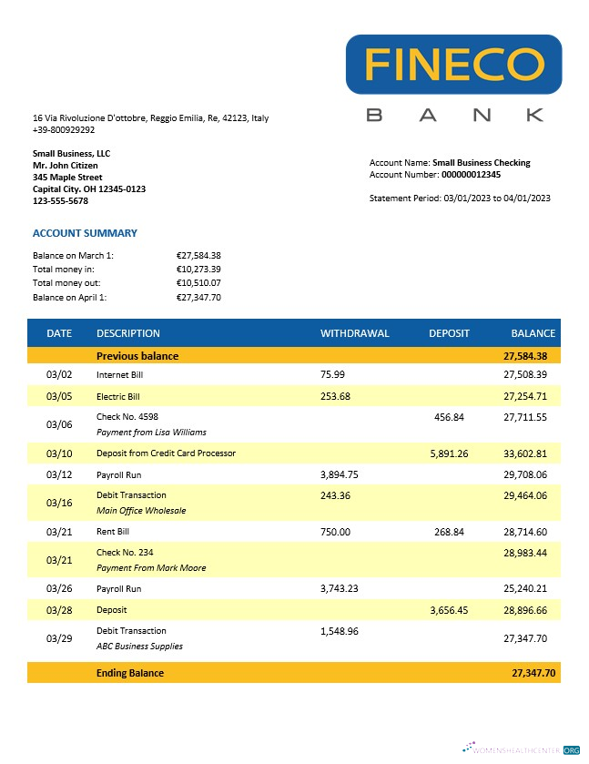 Download Finecobank company account statement Word and PDF template Photoshop template